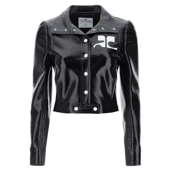 Chic Vinyl Mini Jacket with Contrast Logo - Picture 1 of 4